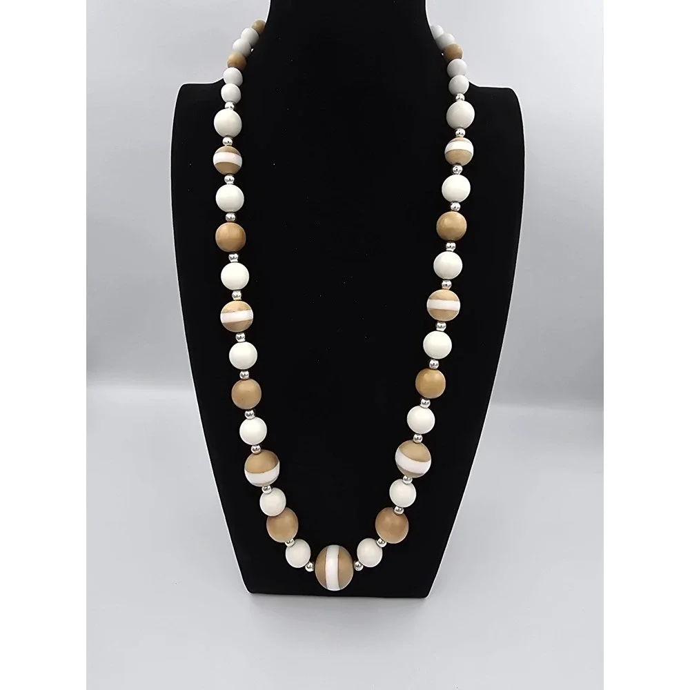 Vintage Wood & White Beaded Necklace Long Statement‎ Jewelry Silver Tone Clasp